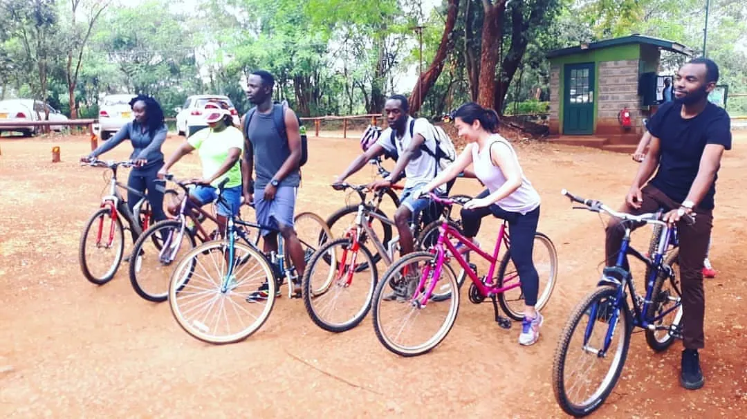 Image of a group riding hired bikes in karura forest